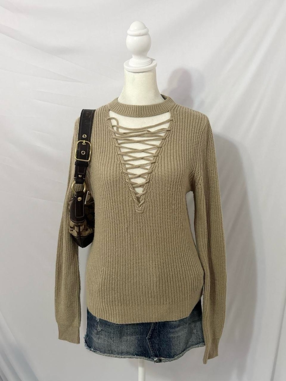 tan lace up rodeo western style indie sweater top